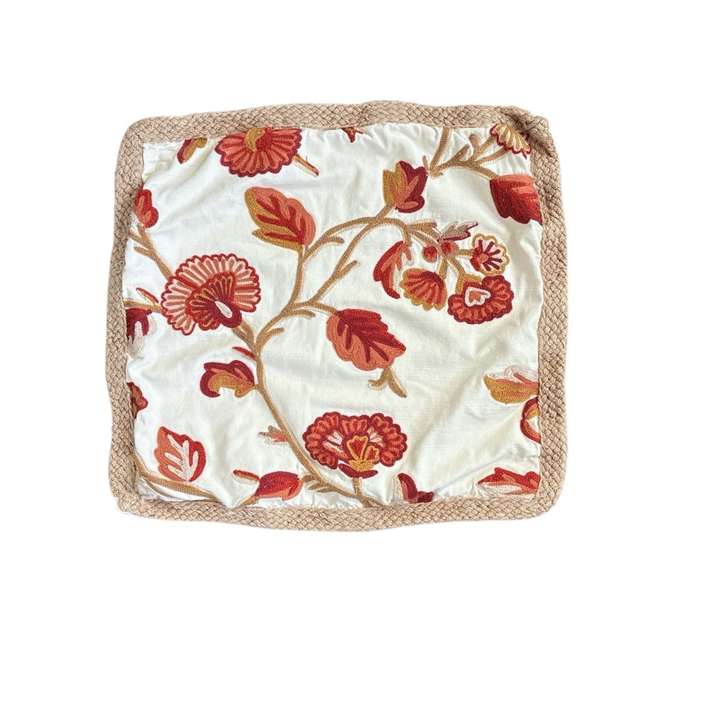 Pottery Barn Floral Fall Colored Floral Leaf Embroidered Pillow Cover 20x20